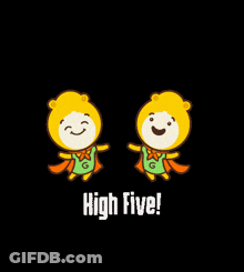 Two Cartoon Characters Are Holding Hands With The Words High Five Written Below Them GIF