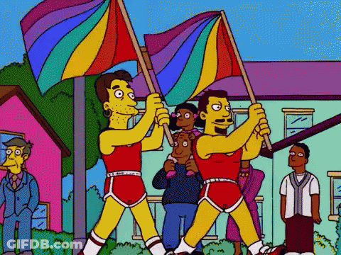 Two Cartoon Characters Are Holding Rainbow Flags In Front Of A Group Of People GIF