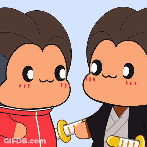 Two Cartoon Characters Are Holding Swords And One Is Wearing A Kimono GIF