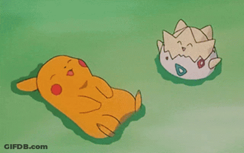 Two Cartoon Characters Are Laying On The Grass One Is Pikachu And The Other Is Togey GIF