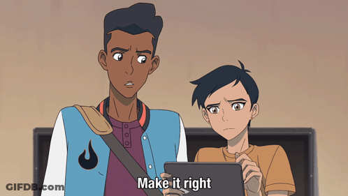 Two Cartoon Characters Are Looking At A Tablet And One Of Them Says Make It Right GIF