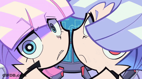 Two Cartoon Characters Are Looking At Each Other And One Has A Circle In Her Eye GIF