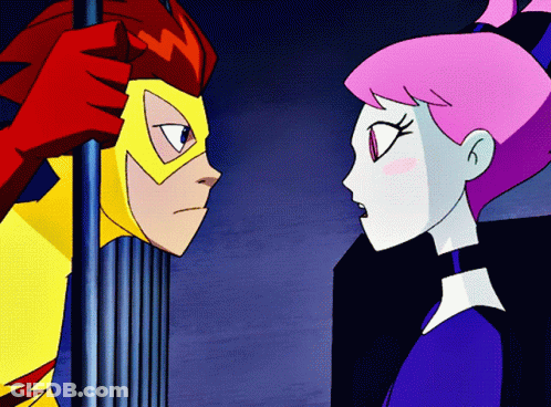Two Cartoon Characters Are Looking At Each Other And One Has A Purple Hair GIF