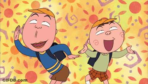 Two Cartoon Characters Are Making Funny Faces In Front Of A Yellow Background GIF