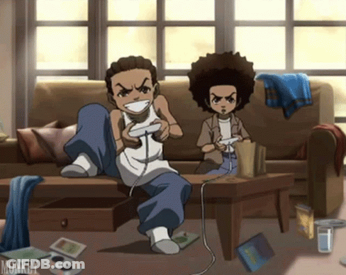 Two Cartoon Characters Are Playing Video Games In A Living Room With The Word Monkey On The Bottom GIF