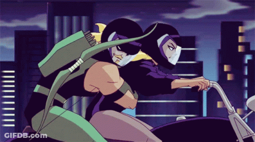 Two Cartoon Characters Are Riding A Motorcycle In The City GIF