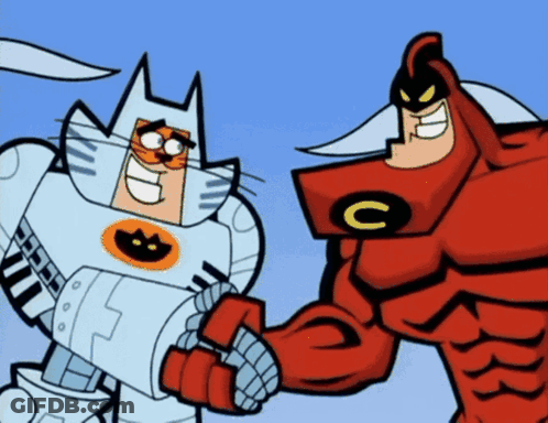 Two Cartoon Characters Are Shaking Hands With The Letter C On Their Chests GIF