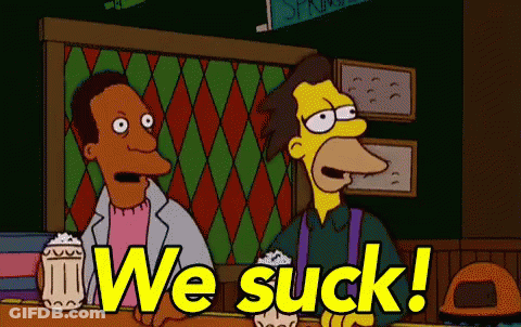 Two Cartoon Characters Are Sitting At A Bar And One Of Them Says We Suck ! GIF