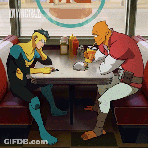 Two Cartoon Characters Are Sitting At A Table In A Diner With The Word Invincible On The Window Behind Them GIF