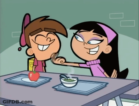 Two Cartoon Characters Are Sitting At A Table With A Bowl Of Cereal And An Apple . GIF