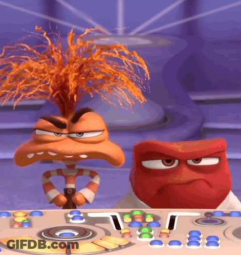 Two Cartoon Characters Are Sitting At A Table With Buttons And One Has A Candy Cane In His Mouth GIF