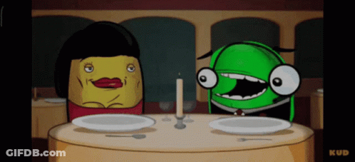 Two Cartoon Characters Are Sitting At A Table With Plates And A Candle With The Word Kud On The Bottom Right GIF