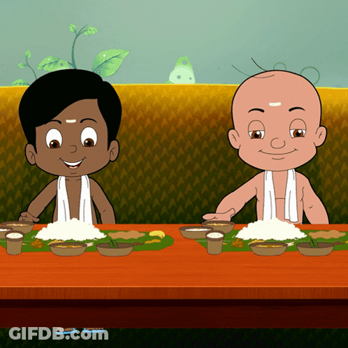 Two Cartoon Characters Are Sitting At A Table With Plates Of Food GIF