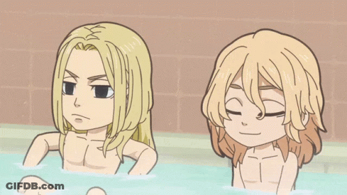 Two Cartoon Characters Are Sitting In A Bathtub Together GIF