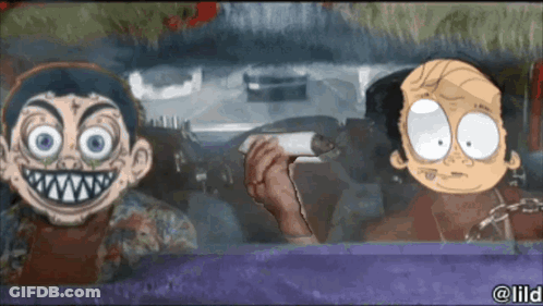 Two Cartoon Characters Are Sitting In A Car And One Is Holding A Lighter GIF