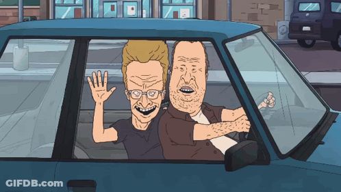 Two Cartoon Characters Are Sitting In A Car And Waving GIF