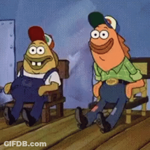 Two Cartoon Characters Are Sitting Next To Each Other On A Wooden Deck . GIF
