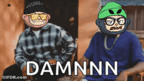 Two Cartoon Characters Are Sitting Next To Each Other With Damnnn Written On The Bottom Right GIF