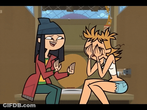 Two Cartoon Characters Are Sitting Next To Each Other With One Covering Her Face GIF