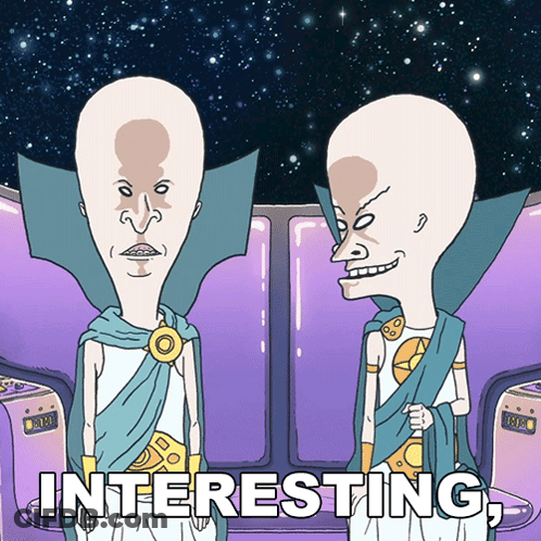 Two Cartoon Characters Are Sitting Next To Each Other With The Words " Interesting " Written Below Them GIF