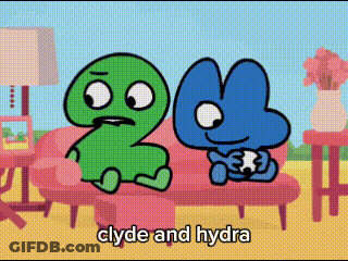 Two Cartoon Characters Are Sitting On A Couch And The Words Clyde And Hydra Are Written Below Them GIF