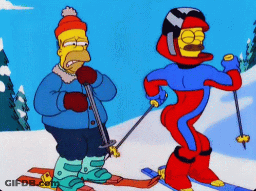Two Cartoon Characters Are Skiing In The Snow GIF