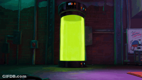 Two Cartoon Characters Are Standing In Front Of A Glowing Yellow Cylinder GIF