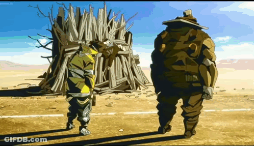 Two Cartoon Characters Are Standing In Front Of A Pile Of Wood GIF