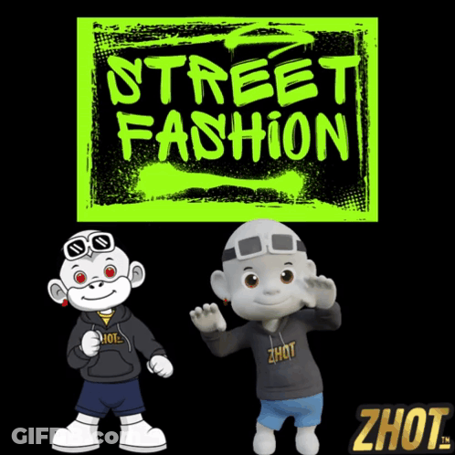 Two Cartoon Characters Are Standing In Front Of A Street Fashion Sign GIF