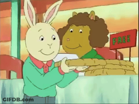 Two Cartoon Characters Are Standing In Front Of A Table With A Sign That Says Free GIF
