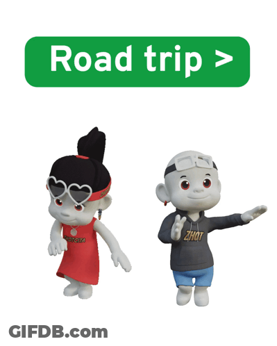 Two Cartoon Characters Are Standing Next To A Green Road Trip Button GIF