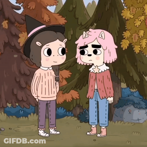 Two Cartoon Characters Are Standing Next To Each Other And One Has Pink Hair GIF