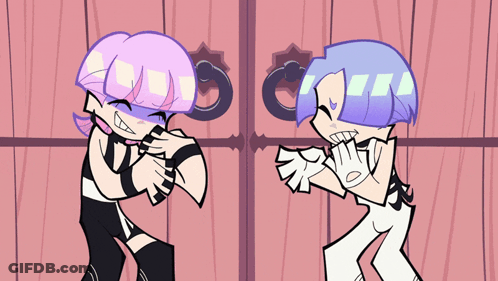 Two Cartoon Characters Are Standing Next To Each Other And One Has Purple Hair And The Other Has Blue Hair GIF