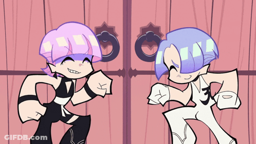 Two Cartoon Characters Are Standing Next To Each Other And One Has Purple Hair GIF