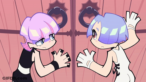Two Cartoon Characters Are Standing Next To Each Other And One Of Them Has The Letter K On Her Shirt GIF