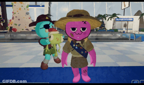 Two Cartoon Characters Are Standing Next To Each Other And One Of Them Is Wearing A Hat With A Cross On It GIF