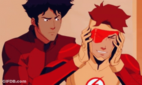 Two Cartoon Characters Are Standing Next To Each Other And One Of Them Is Wearing A Red Costume With The Letter G On It GIF