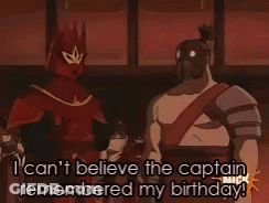 Two Cartoon Characters Are Standing Next To Each Other And One Of Them Says I Can 'T Believe The Captain Remembered My B GIF