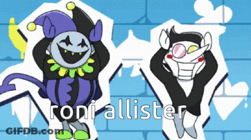 Two Cartoon Characters Are Standing Next To Each Other And The Words Roni Allister Are On The Bottom GIF