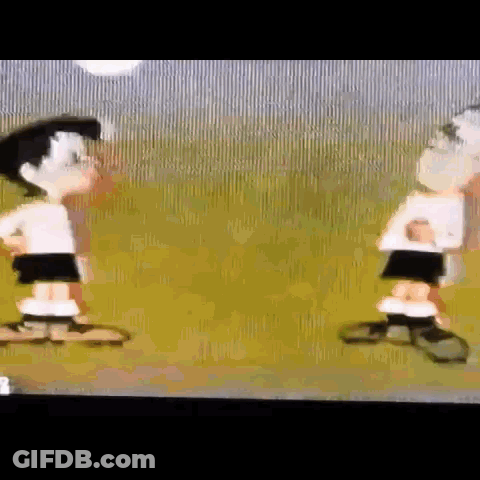 Two Cartoon Characters Are Standing Next To Each Other In A Field . GIF
