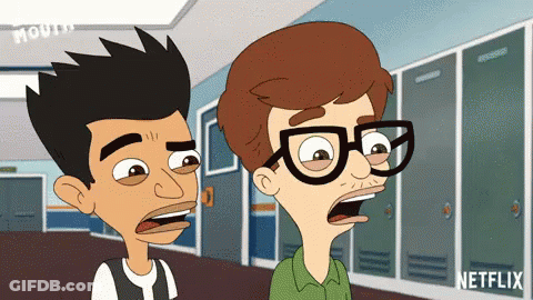 Two Cartoon Characters Are Standing Next To Each Other In A Hallway With Netflix Written On The Bottom Right GIF