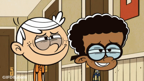 Two Cartoon Characters Are Standing Next To Each Other In A Hallway With The Number 5 On The Wall GIF