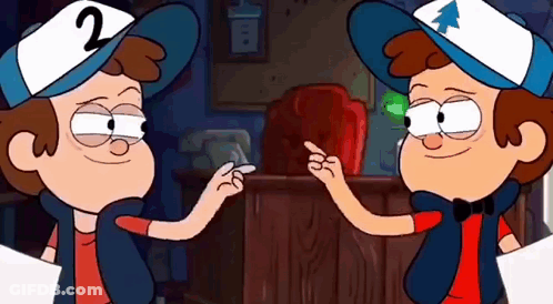 Two Cartoon Characters Are Standing Next To Each Other In A Room . GIF
