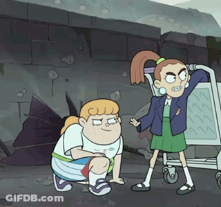 Two Cartoon Characters Are Standing Next To Each Other In Front Of A Cart GIF