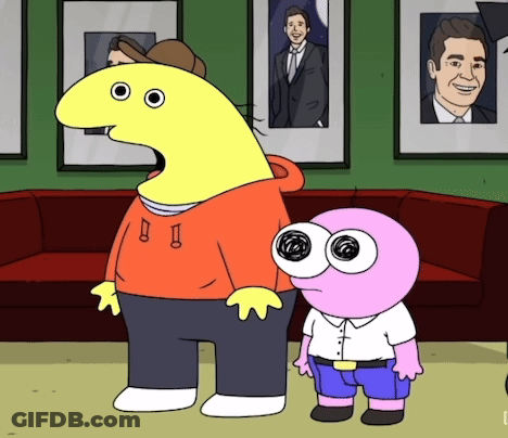 Two Cartoon Characters Are Standing Next To Each Other In Front Of Pictures GIF