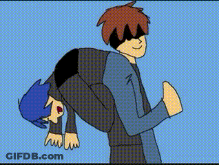 Two Cartoon Characters Are Standing Next To Each Other On A Blue Background . One Of The Characters Is Laying On The Gro GIF