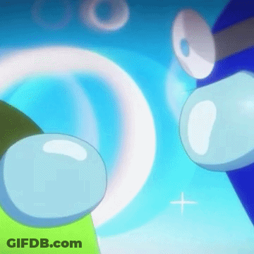 Two Cartoon Characters Are Standing Next To Each Other On A Blue Background With A White Circle In The Middle . GIF