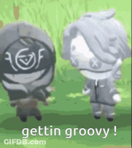 Two Cartoon Characters Are Standing Next To Each Other On A Grassy Field And They Are Talking . GIF