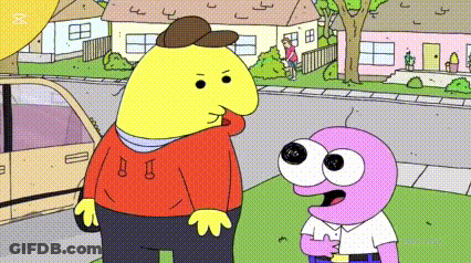 Two Cartoon Characters Are Standing Next To Each Other On A Sidewalk . GIF
