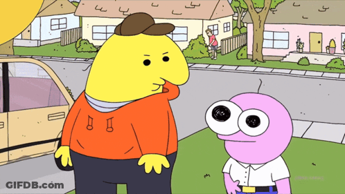 Two Cartoon Characters Are Standing Next To Each Other With A Car In The Background And The Words Comedy Central On The GIF